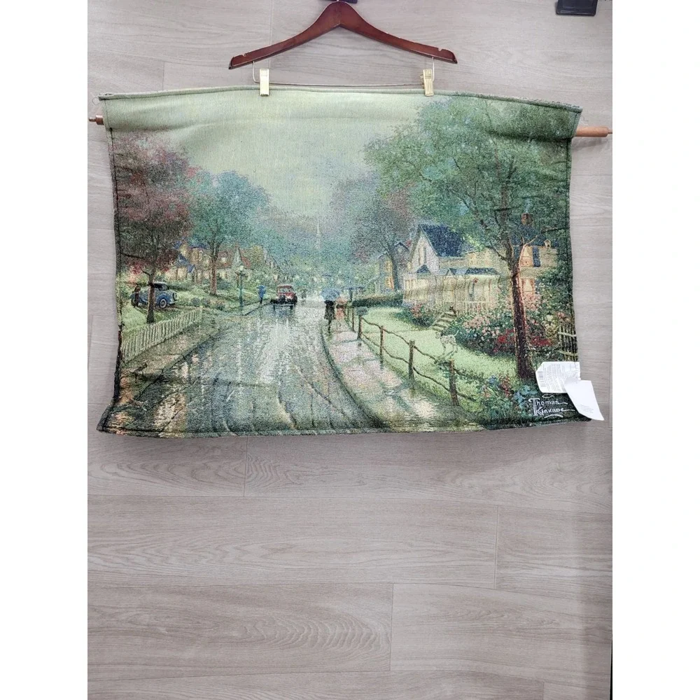 NWT Thomas Kinkade Fiber Optic Wall Tapestry Victorian Xmas Carol Hometown